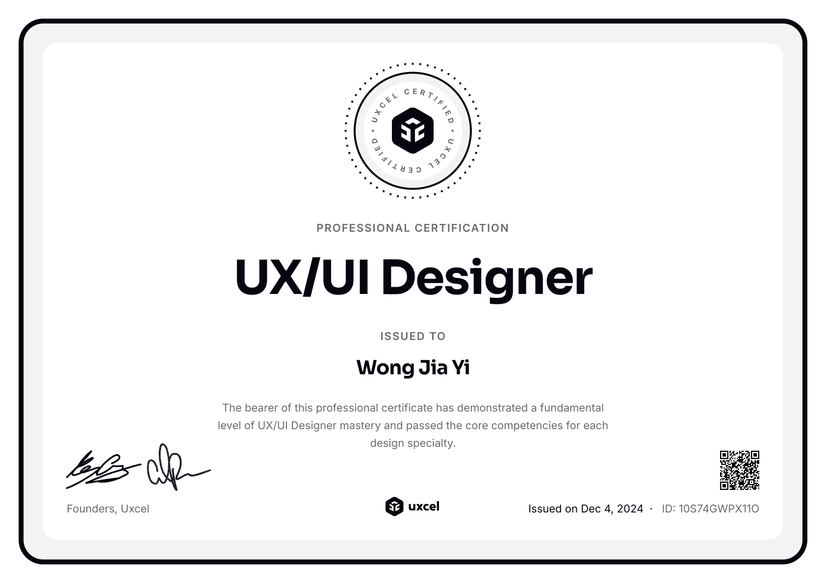 Wong Jia Yi's certificate